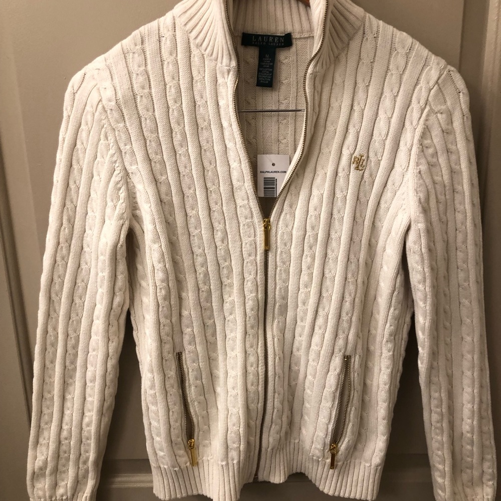Ralph Lauren Cable Knit Zip Up Women’s Sweater | Color: Cream Size: Medium
